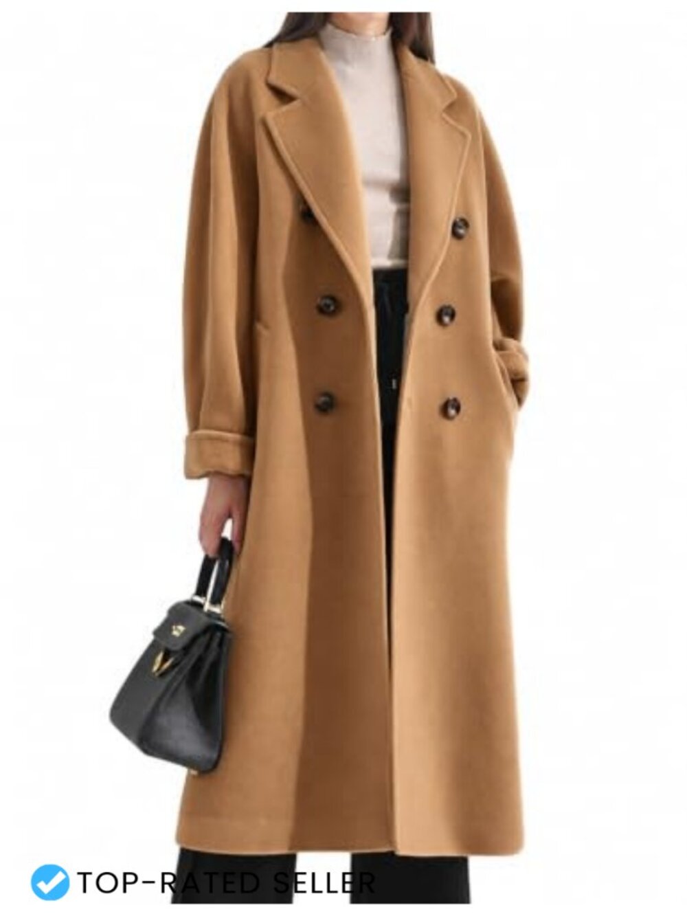 Wool Blend Pea Coat Winter Long Trench Coat Belted Double Breasted